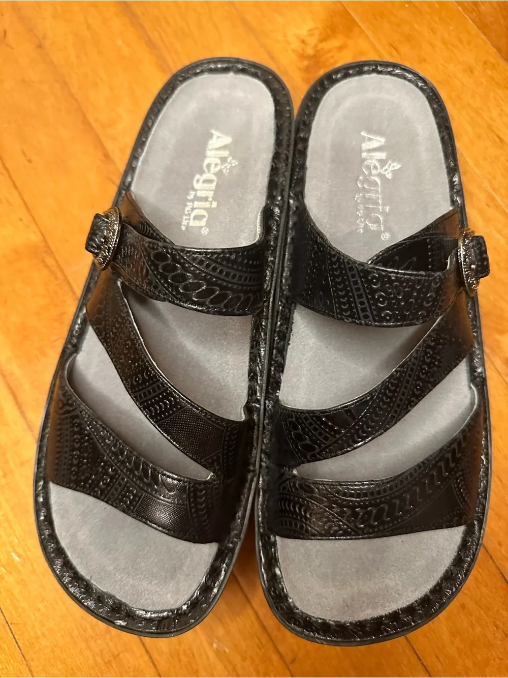Alegria Black Embossed Leather Slide Sandals with Decorative Medallions